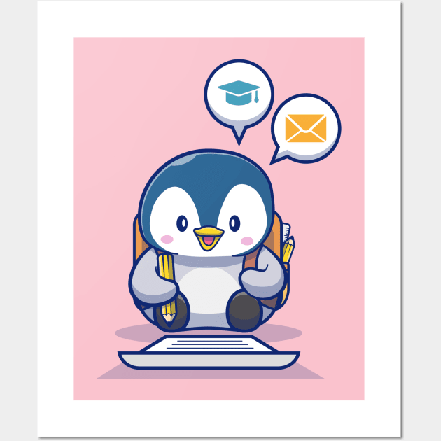Cute Penguin Write On Paper With Pencil Wall Art by Catalyst Labs